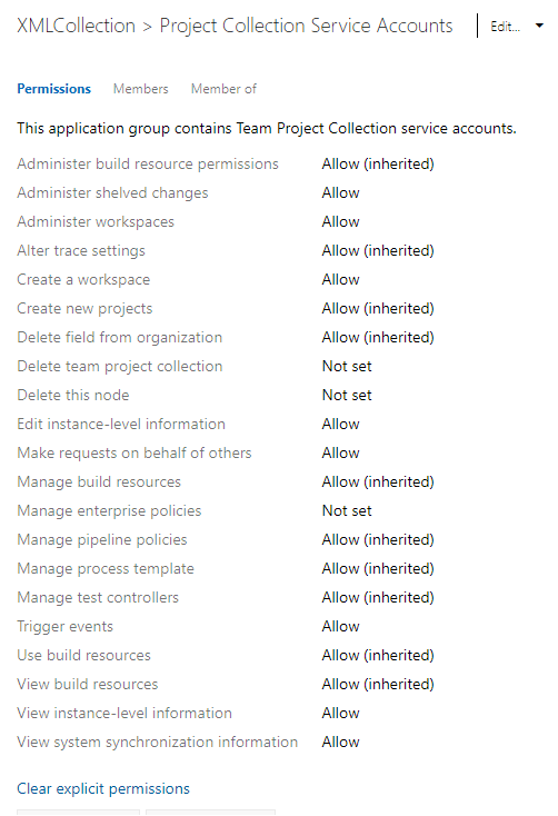 Screenshot of Collection level permissions, on-premises, On-premises XML process model.