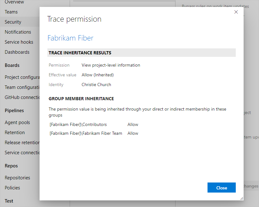 Screenshot of Trace showing inherited permissions, Azure DevOps Server 2019.
