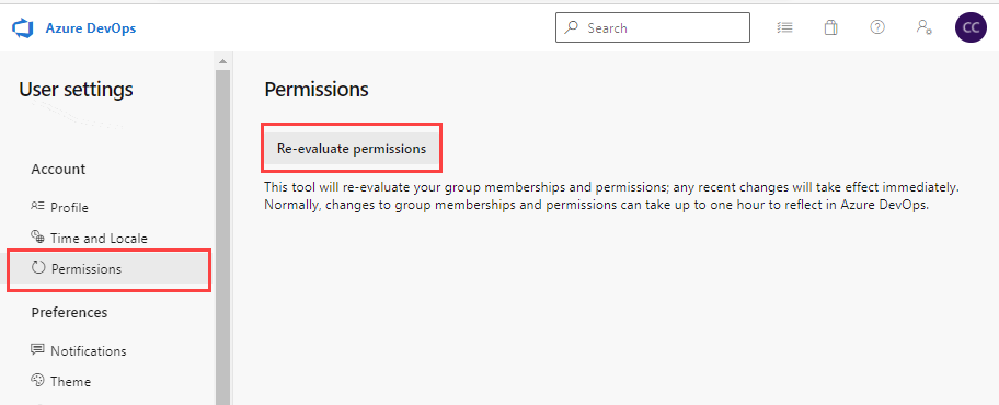 Screenshot of Reevaluate permissions control.