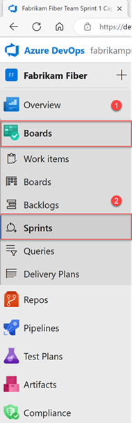 Screenshot of selection of Azure Boards, and then the Sprints tab, with red boxes.