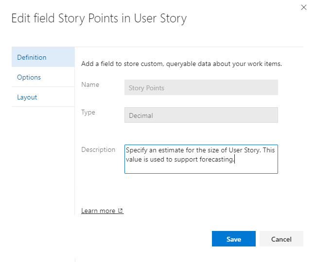 Edit field dialog, User Story, Story Points field.