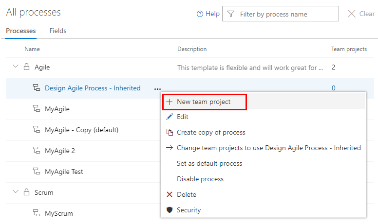 Create a project from the selected process