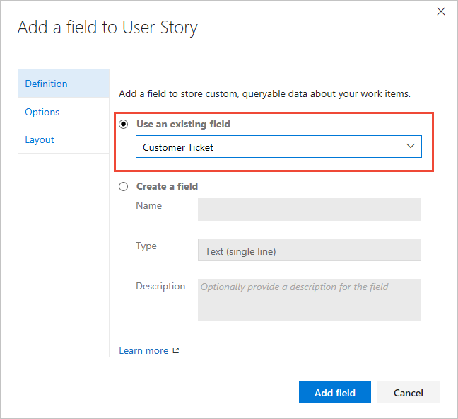 Add existing field to a User Story