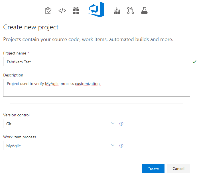 Create new project form dialog, Azure DevOps Server 2019.