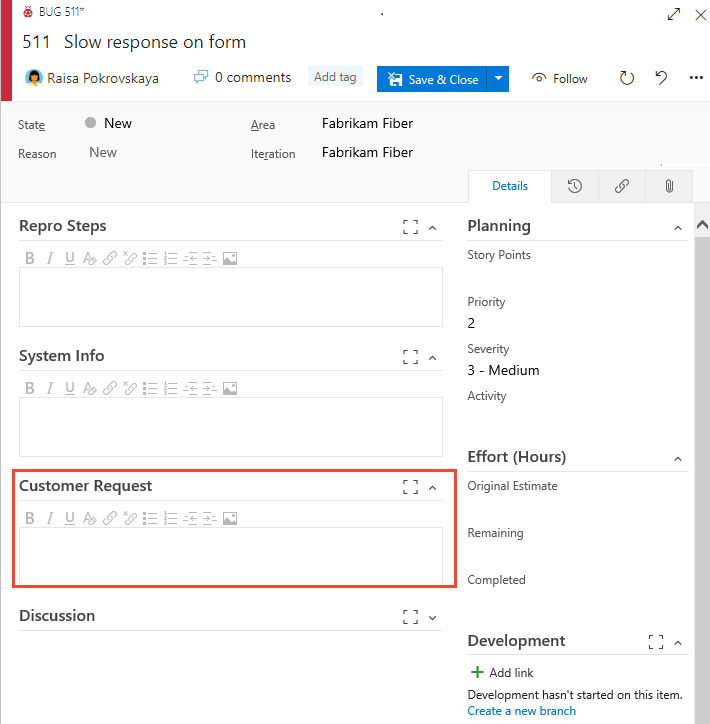 Bug form, Customer request field added to first column in form