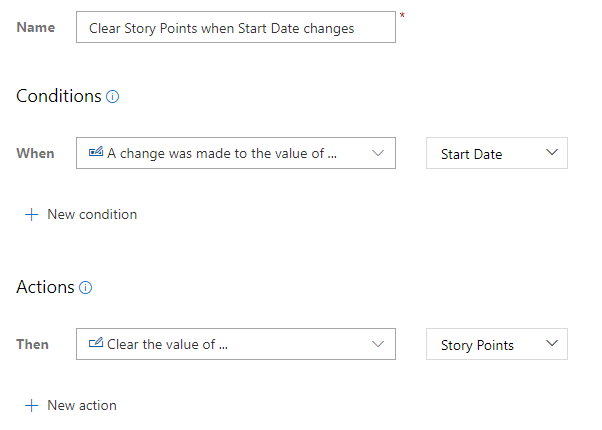 Screenshot of custom rule to clear the value of Story Points when Start Date changes.
