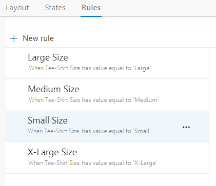 Screenshot of four custom rule to set Size value when Tee-Shirt Size is set.