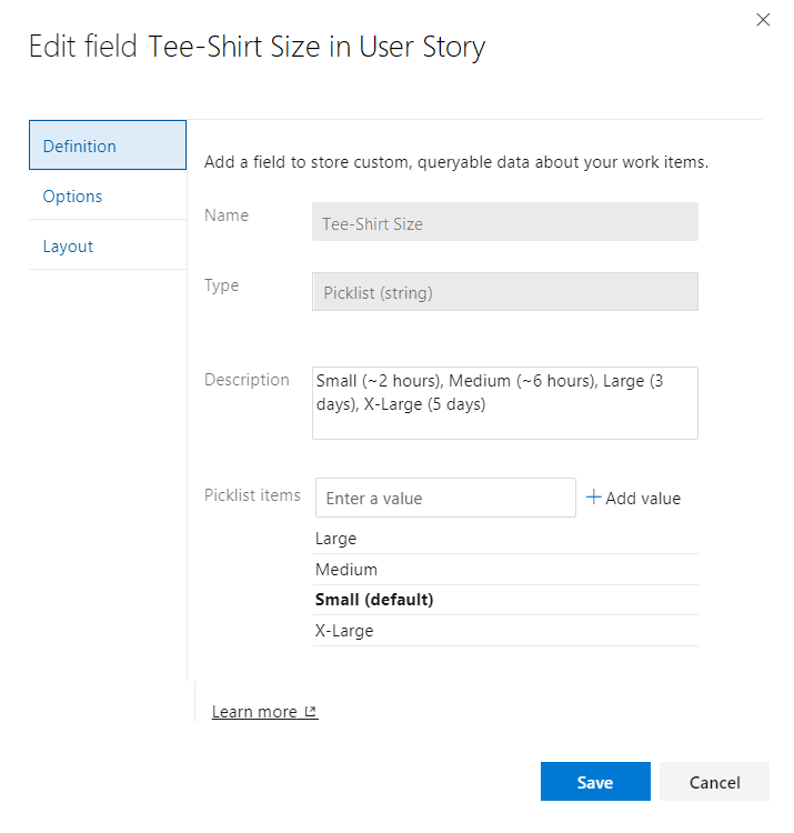 Screenshot of Edit field dialog for Tee-Shirt Size field.