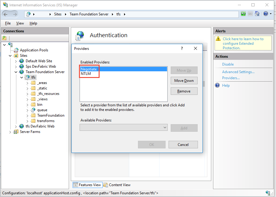 IIS TFS windows authentication with negotiate and ntlm provider