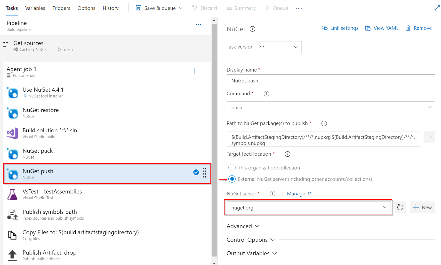 Screenshot showing how to configure the NuGet push task in Azure Pipelines