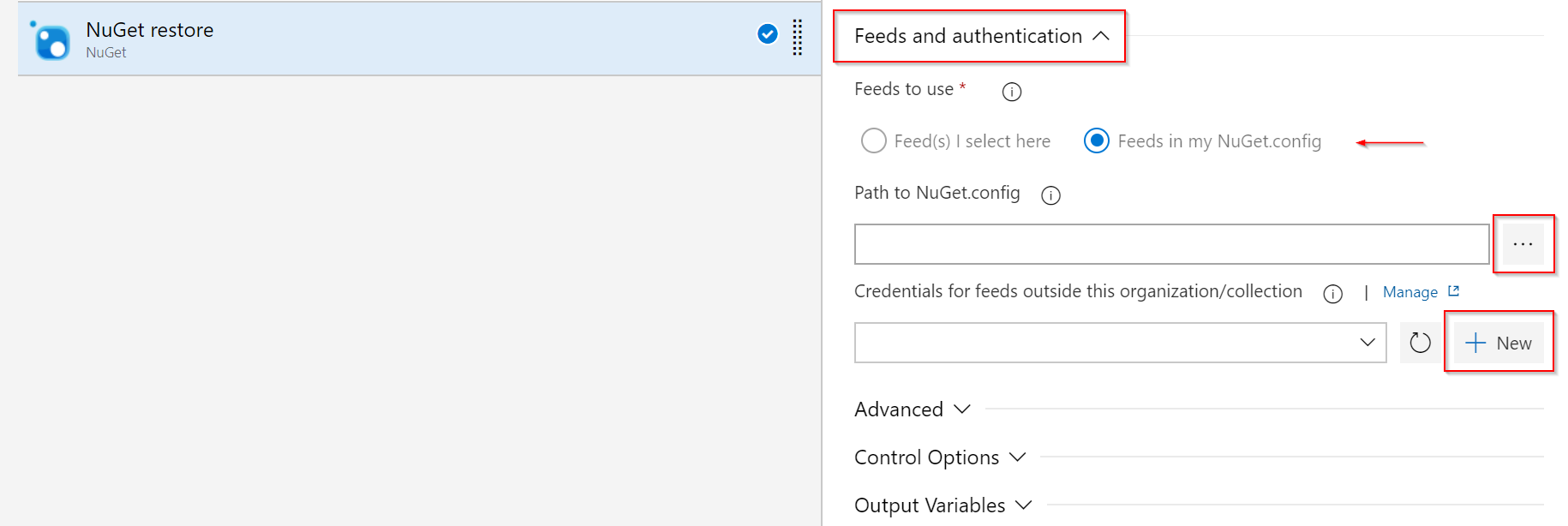 Screenshot showing how to configure the NuGet restore task.