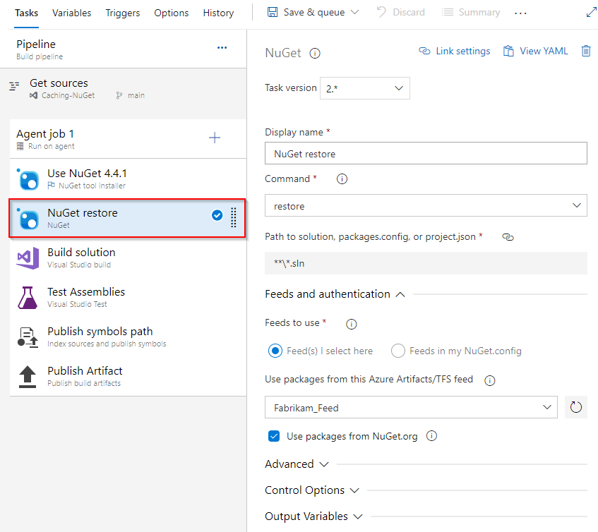 Screenshot that shows how to configure the NuGet restore task.