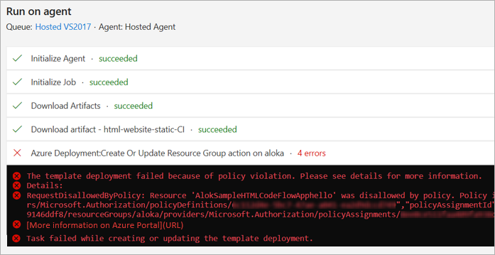 Azure Policy failure in log