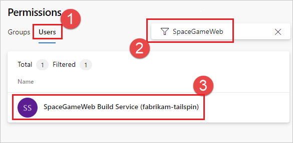 Select SpaceGameWeb project-scoped build identity user.