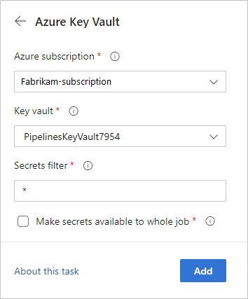 A screenshot showing how to configure the Azure Key Vault task.