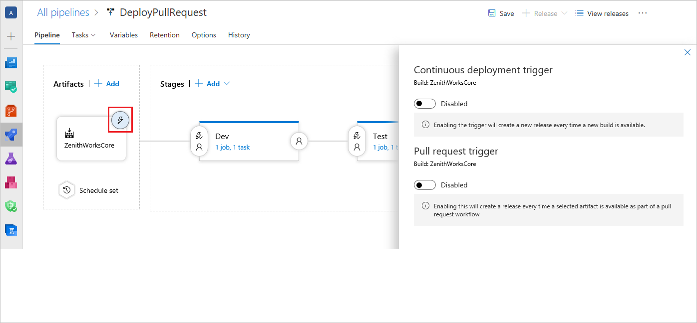 A screenshot showing how to access the continuous deployment trigger settings.
