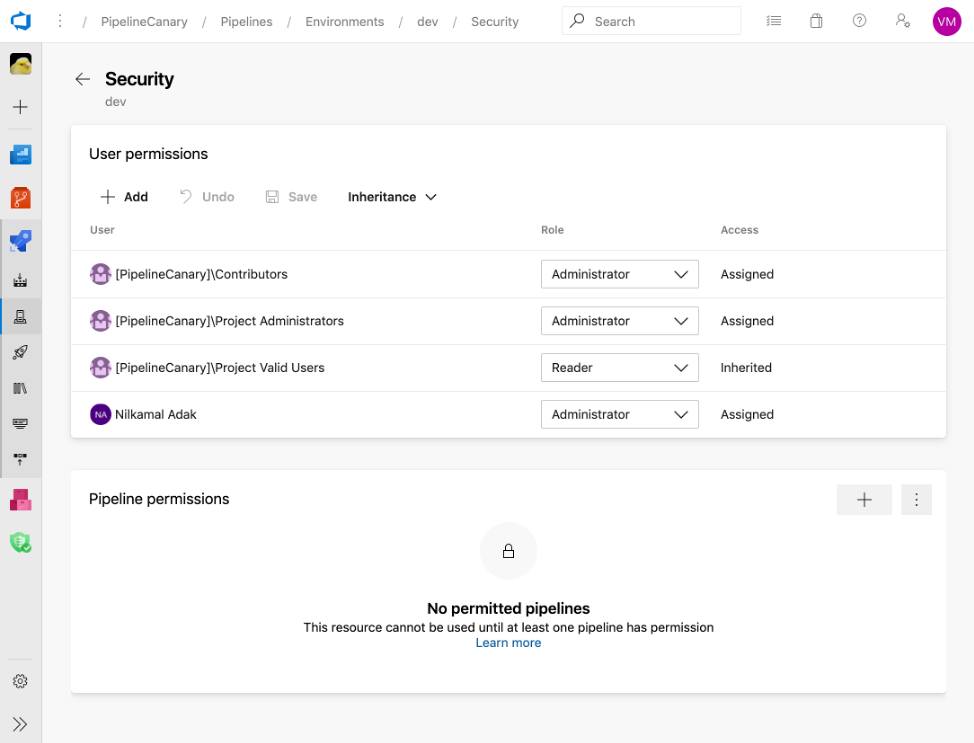 Screenshot of user permissions on pipelines