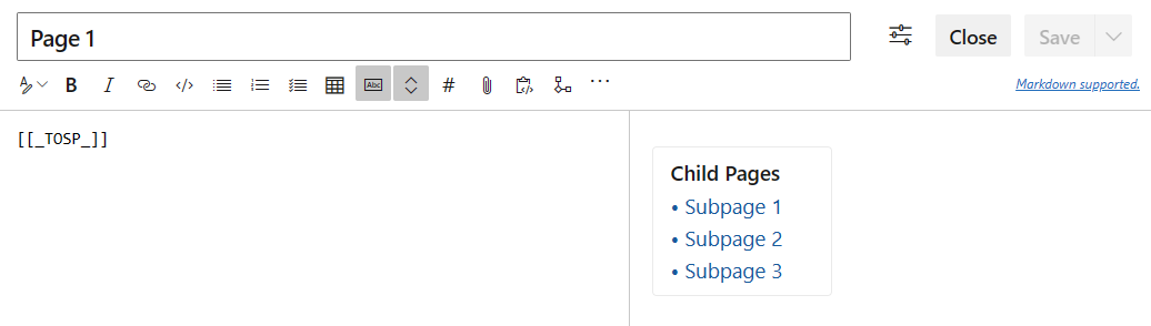 Screenshot showing markdown for child pages of Page 1.