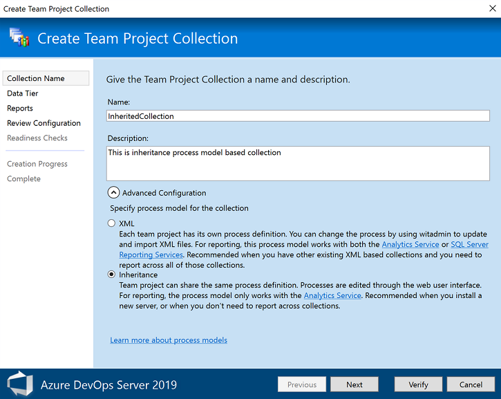 Create Team Project Collection wizard, Collection Name dialog