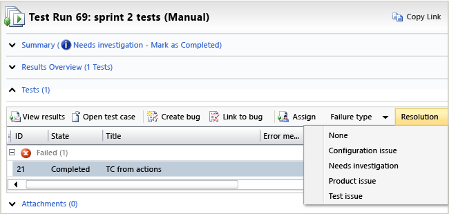 Analyse test run page in Microsoft Test Manager
