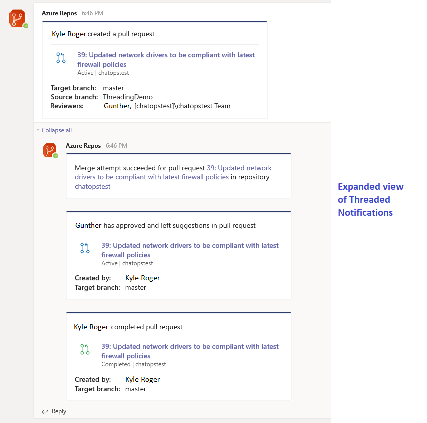 Notifications related to the pull request threaded together in the Azure Repos app.