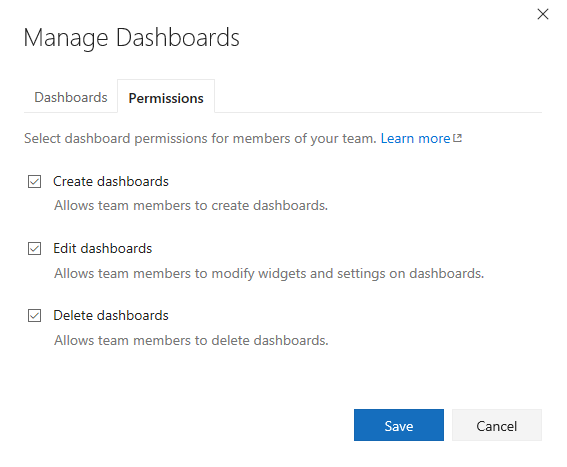 Manage dashboards permissions dialog for TFS 2018