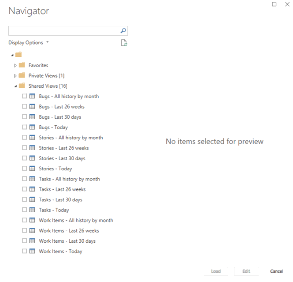 Screenshot that shows the Navigator dialog with default views.