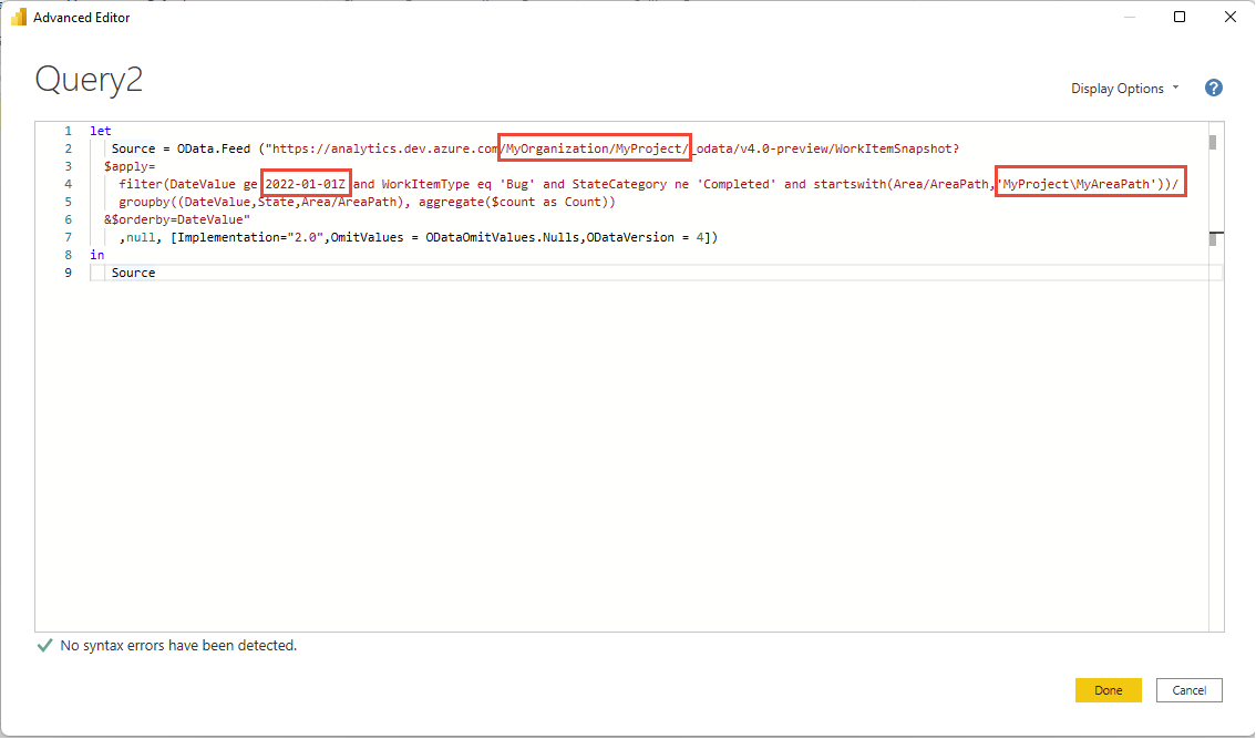 Screenshot of Power BI, Advanced Editor, Pasted Query.