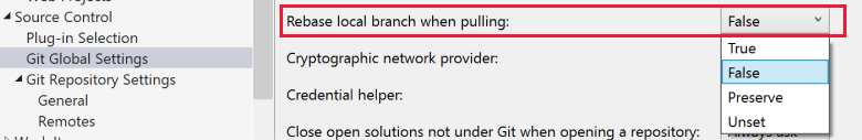 Screenshot of the rebase setting in Git Global Settings in the Options dialog of Visual Studio.
