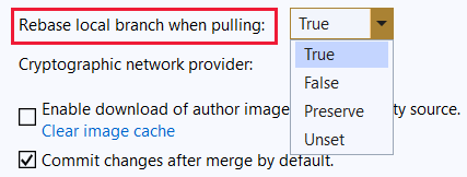 Screenshot that shows 'Rebase local branch when pulling' highlighted and 'True' selected from the drop-down.