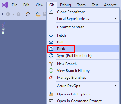 Screenshot of the Push option from the Git menu in Visual Studio 2019.