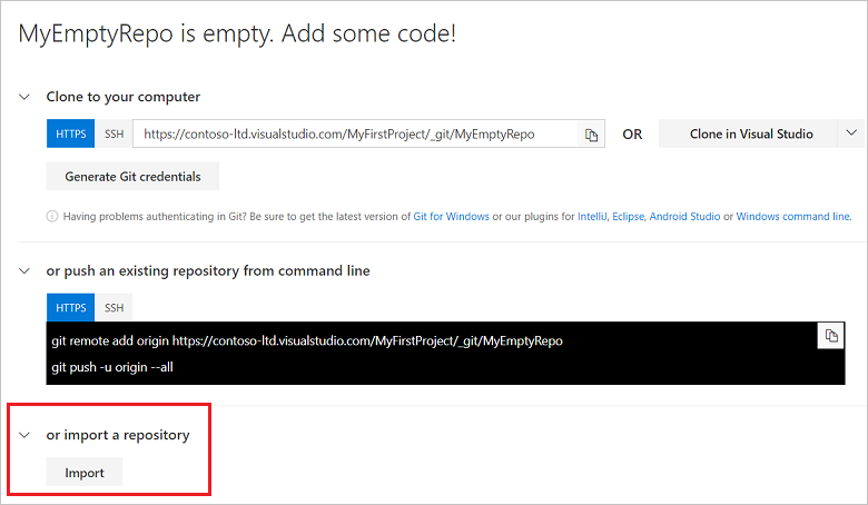 Import A Git Repo Into Your Project Azure Repos Microsoft Docs