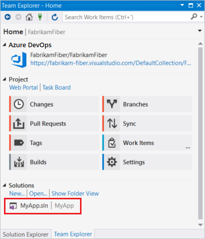 Double-click your project solution file in the Solutions area to open it in Team Explorer.
