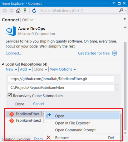 Open a solution from a cloned repo in Team Explorer