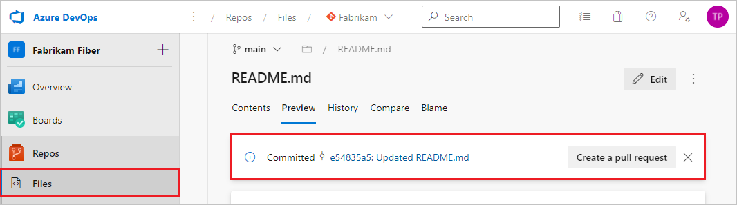 Screenshot that shows the prompt to create a P R on the Files tab in Azure Repos.