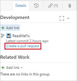 Screenshot of creating a PR from the Development area of a work item with a linked branch.