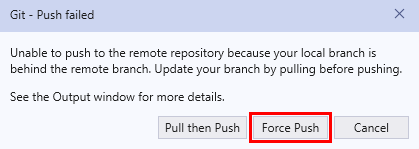 Screenshot of the Git-push failed dialog in Visual Studio.
