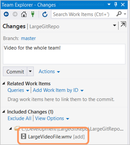 Team Explorer Changes dialog showing large video in included changes