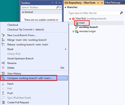 Screenshot of the branch context menu in the Branches area of Visual Studio 2022.