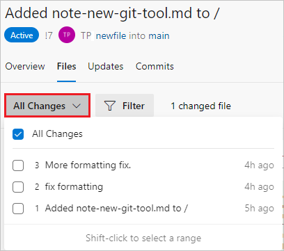 Screenshot that shows the All changes drop-down.