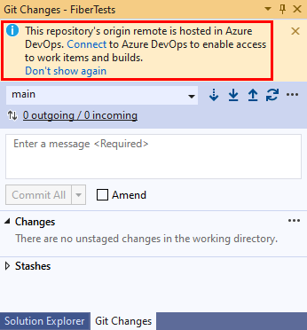 Screenshot of the 'Git Changes' window, with a confirmation message that your code is in 'Azure DevOps' repo, in Visual Studio 2019.