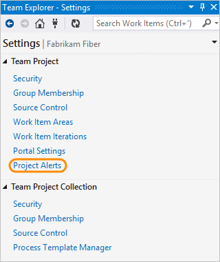 Project alerts link in the settings page of the Team Explorer.