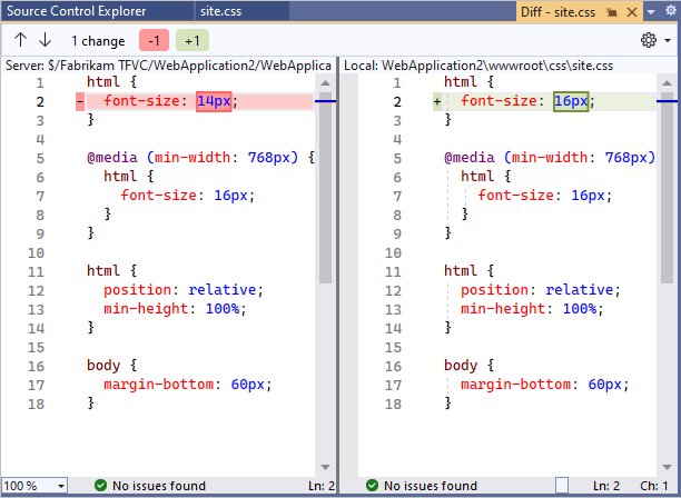 Screenshot shows the compare window, with two versions of the file side by side.