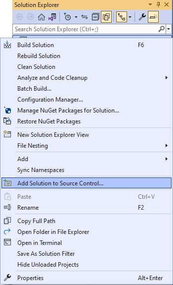 Screenshot shows a context menu with Add the solution to Source Control selected.