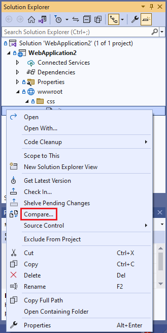 Screenshot shows the Compare option in the Solution Explorer context menu.