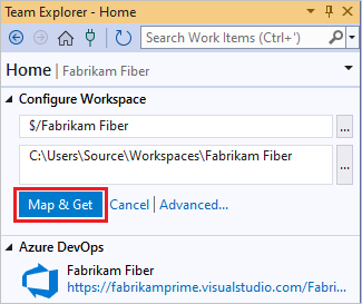 Screenshot shows the Team Explorer Home page, with Map and get highlighted.