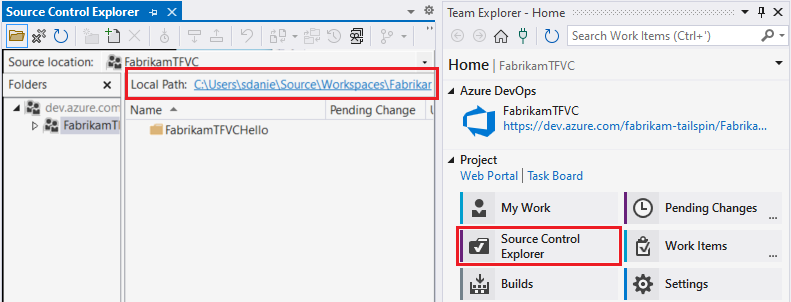 Screenshot shows Source Control Explorer with your workspace folder selected.