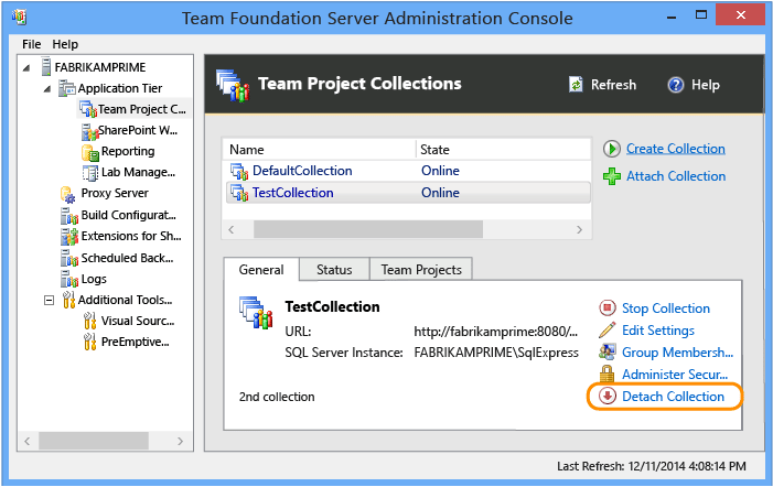 Screenshot of select Detach collection, TFS 2018.