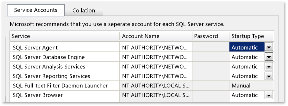 Accounts set to Network Service/Automatic