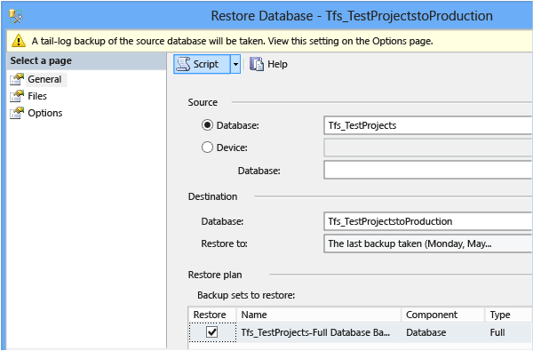 Restore database option from General pane